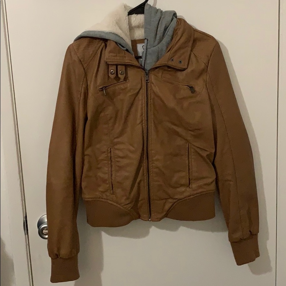 Faux Leather Jacket with Hoodie